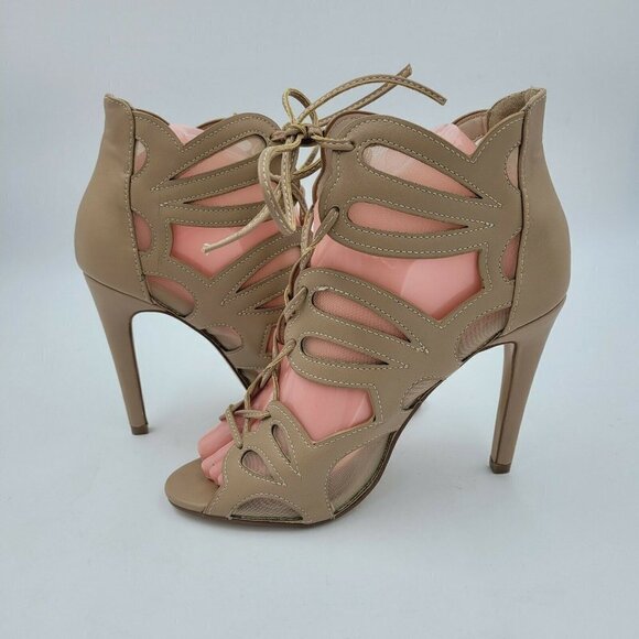 New Look Chic Lace-Up Caged Stiletto Booties Tan Natural Size US 7 / EU 37 Wide - Picture 1 of 10